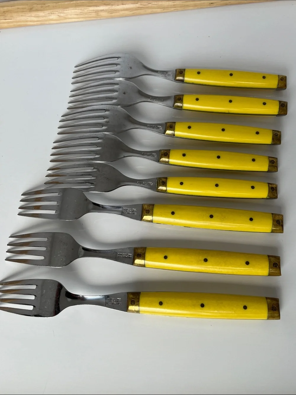 Vintage Bonniers France Yellow Handle Fork Set Brass Accent French Flatware